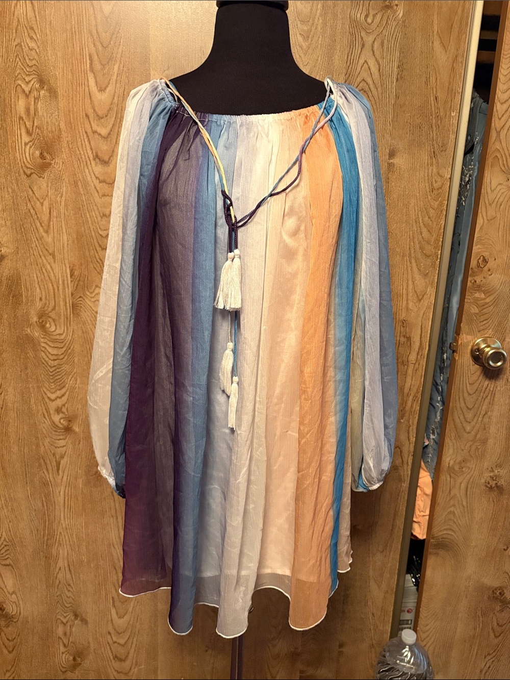 Bohemian Multicolor Stripe Peasant Blouse - Blue, Peach & White